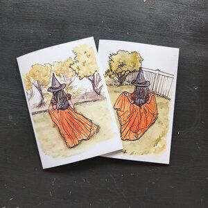 Little Witchling in Her Garden - Set of 2 Art Print Greeting Cards